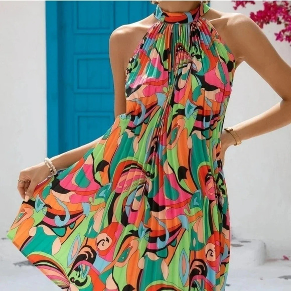Multicolor Boho Womens Allover Print Tie Back Halter Dress - Picture 5 of 5